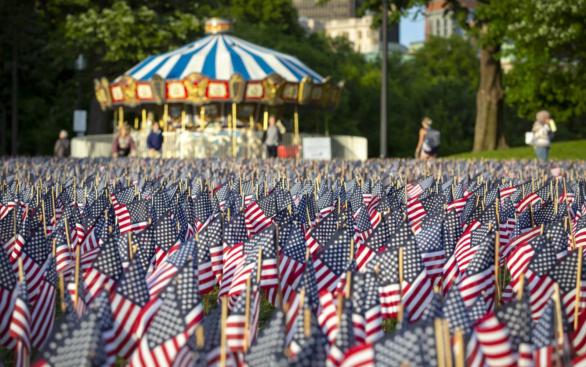 Some of the flags planted in memory of fallen Massachusetts service members, by the Boston Common carousel. (Robin Lubbock/WBUR)