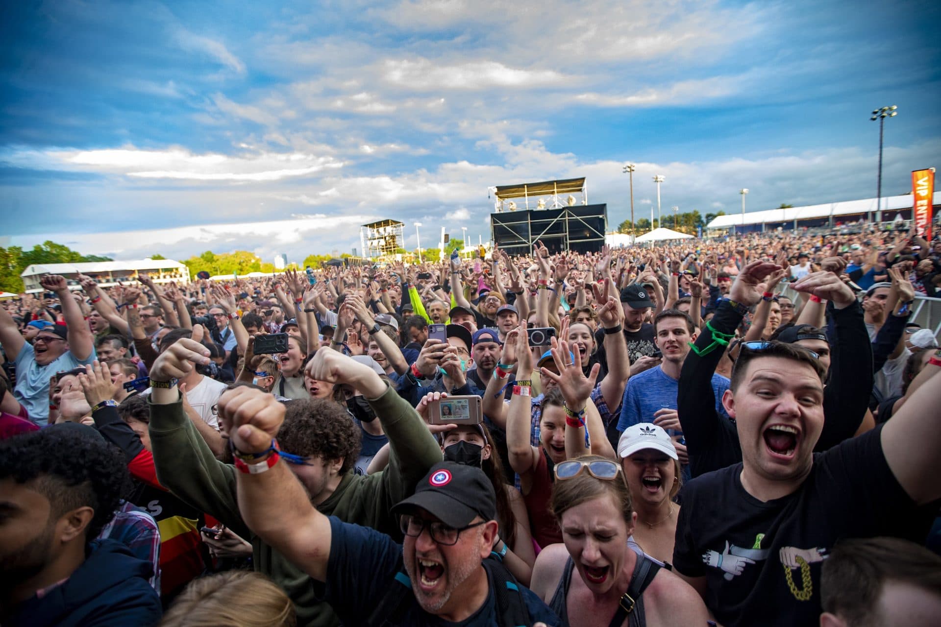 The crowd goes wild as Run the Jewels takes the stage at the Boston Calling Music Festival. (Jesse Costa/WBUR)