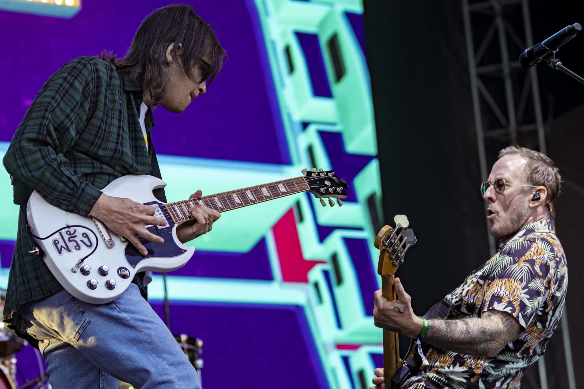 Rivers Cuomo and Scott Shriner of Weezer perform at the Boston Calling Music Festival. (Jesse Costa/WBUR)