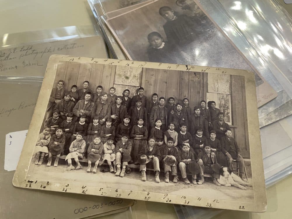 A photograph archived at the Center for Southwest Research at the University of New Mexico in Albuquerque, New Mexico, shows a group of Indigenous students who attended the Ramona Industrial School in Santa Fe. (Susan Montoya Bryan/AP)