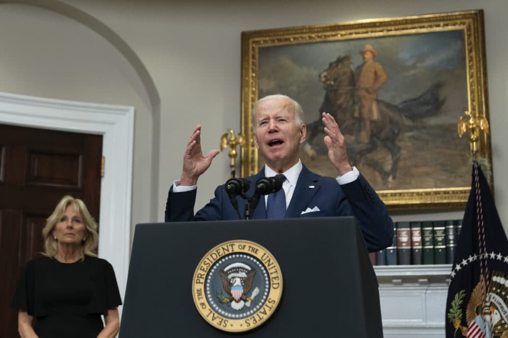 President Joe Biden speaks to the nation about the mass shooting at Robb Elementary School in Uvalde, Texas, from the White House, in Washington, Tuesday, May 24, 2022, as first lady Jill Biden listens. (Manuel Balce Ceneta/AP)
