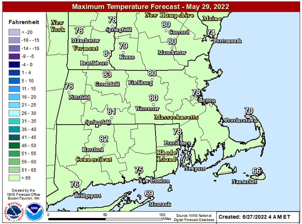 Sunday afternoon will feature lots of sunshine and highs around 80 degrees. (Courtesy NOAA)