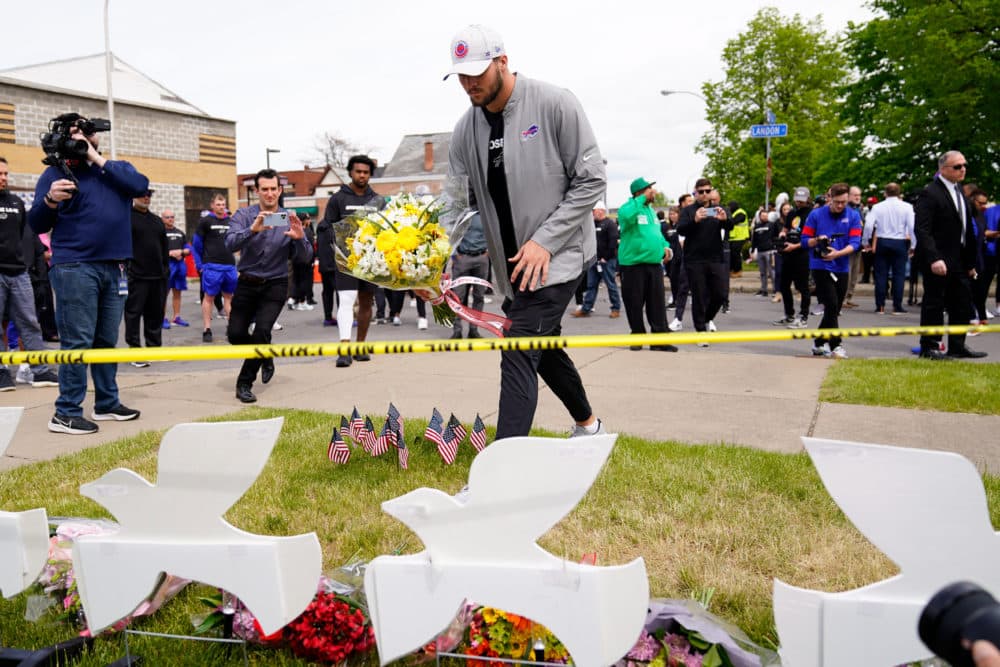 Buffalo Bills' Josh Allen visits the scene of Saturday's shooting at a supermarket, in Buffalo, N.Y., Wednesday, May 18, 2022. (Matt Rourk/AP)