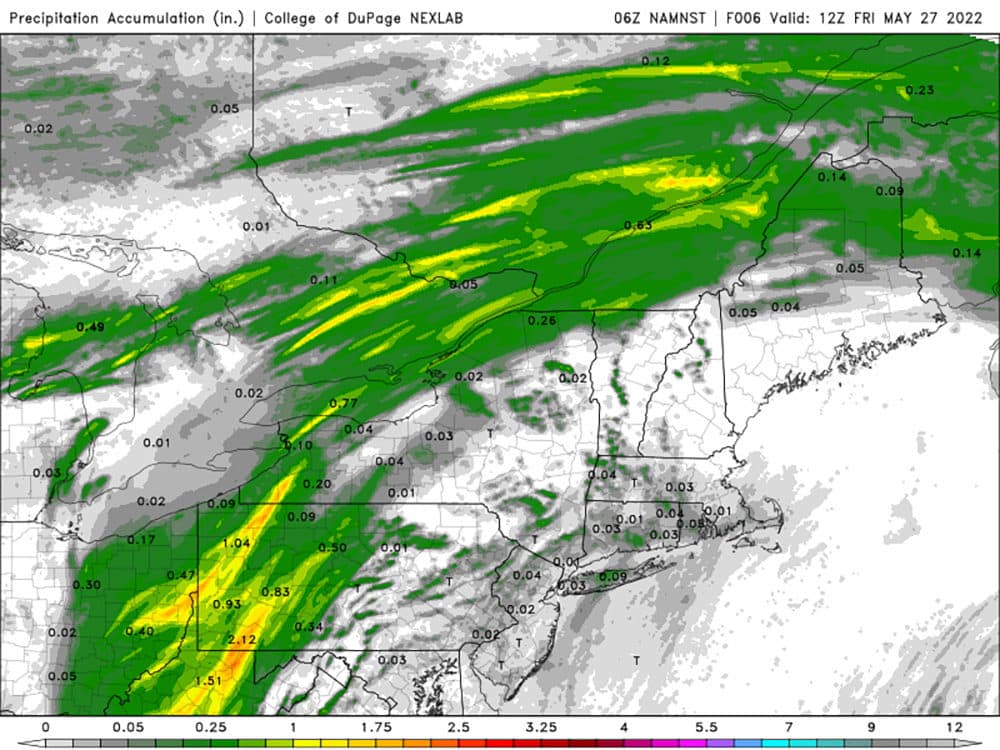 Showers are possible Friday evening through Saturday evening, but most of that time is likely to be dry, and the showers will miss some areas completely. This image shows total expected rainfall via the NAM model. (Courtesy COD Weather)