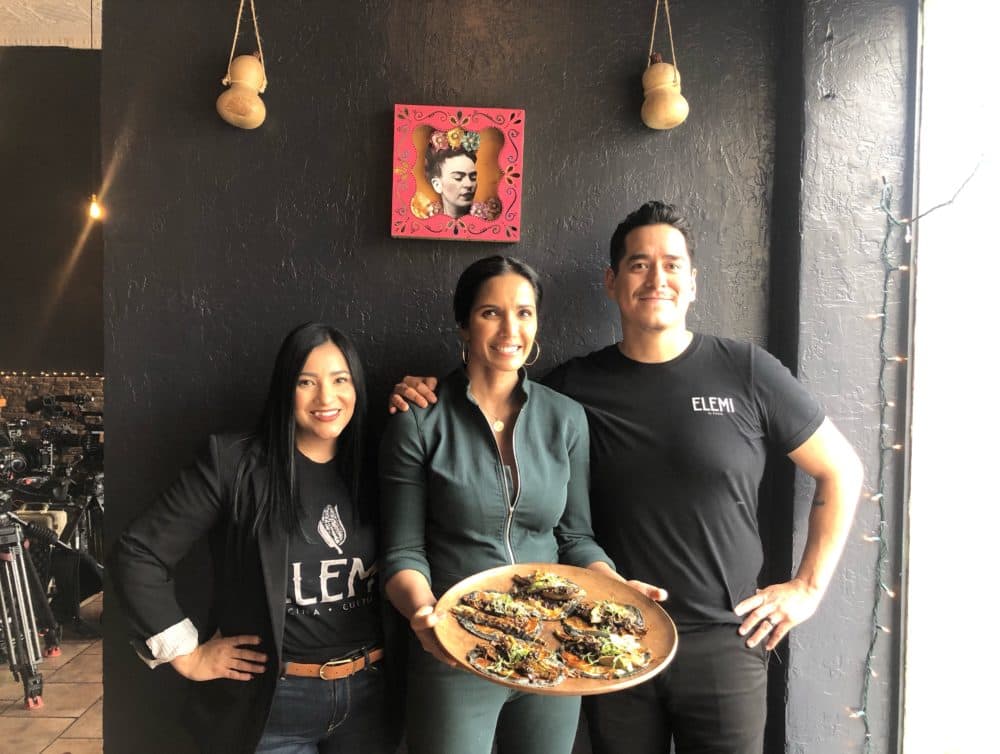 Owners of ELEMI Kristal and Emiliano Marentes with Padma Lakshmi during the filming ' Taste The Nation' on Hulu. (Courtesy)