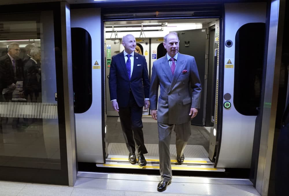 Prince Edward, Earl of Wessex, right, and Commissioner of Transport for London Andy Byford, left, leave an Elizabeth train after a ride to mark the completion of London's Crossrail project at Paddington Station on May 17, 2022 in London, England. (Andrew Matthews/WPA Pool/Getty Images)