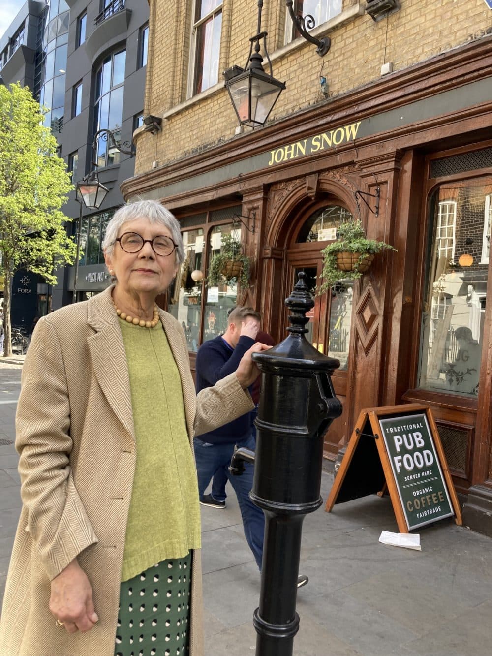 Author Sandra Hemphill at a replica of the historic Broad Street Pump in London. (Scott Tong/Here &amp; Now)