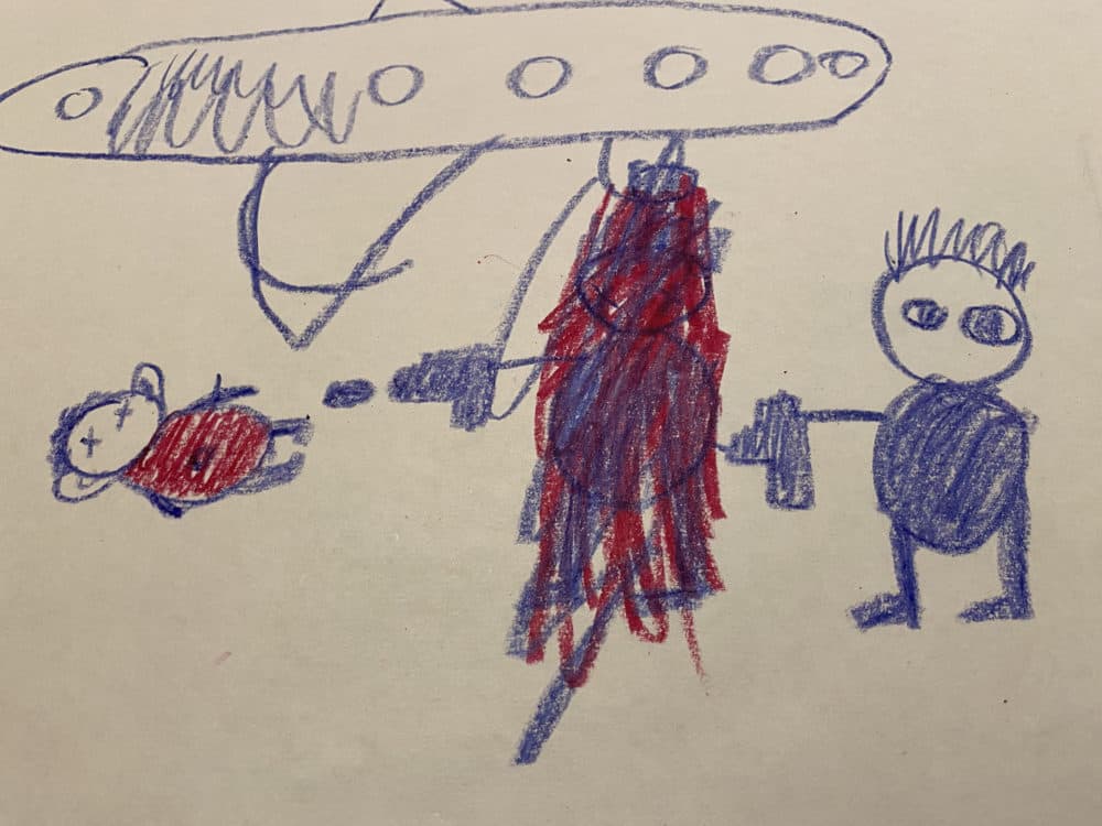 A drawing of a traumatic incident drawn by a child. (Courtesy)