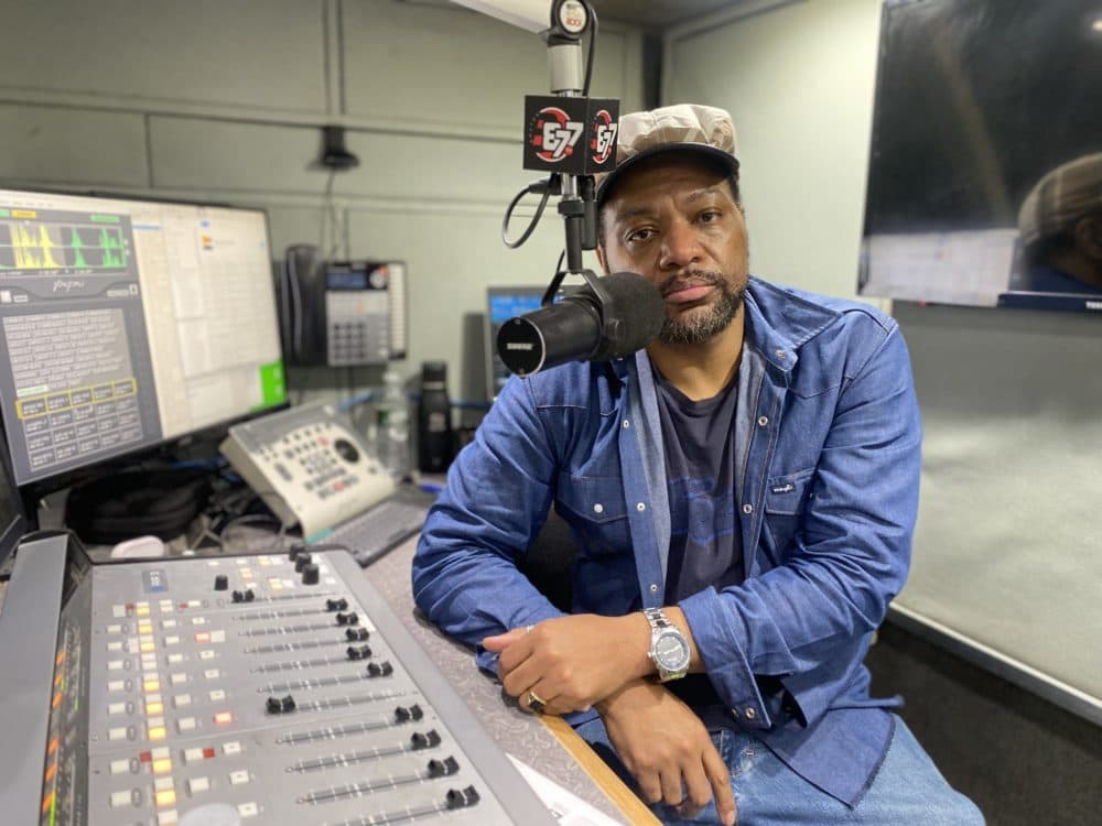 B87 FM radio host Notorious VOG, host of &quot;Notorious in the Morning,&quot; in his Dorchester studio (Walter Wuthmann/WBUR).