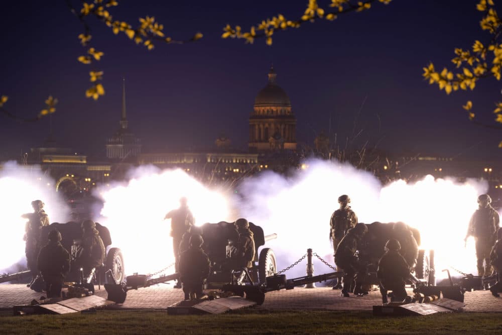 Guns fire a salute during Victory Day, the 77th anniversary of the end of World War II in Europe in St. Petersburg, Russia, Monday, May 9, 2022. (Dmitri Lovetsky/AP)