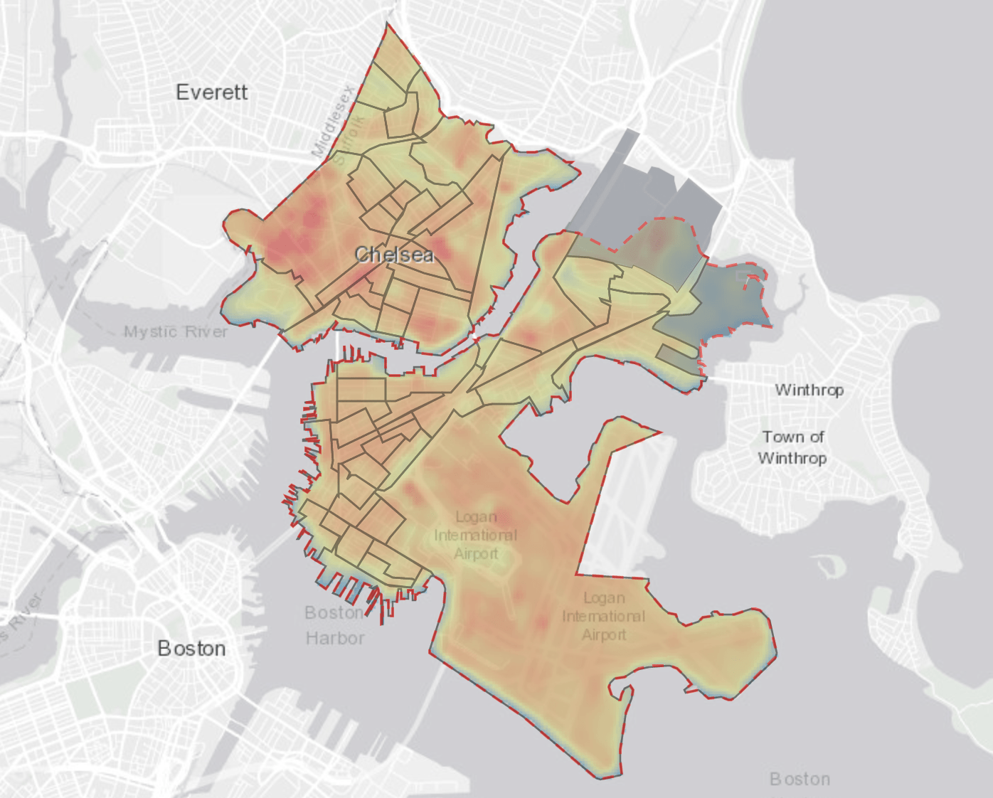 This map uses temperature sensor data to show pockets of extreme heat in Chelsea. The Cool Block pilot is in the south east pocket. )Courtesy C-Heat Project)