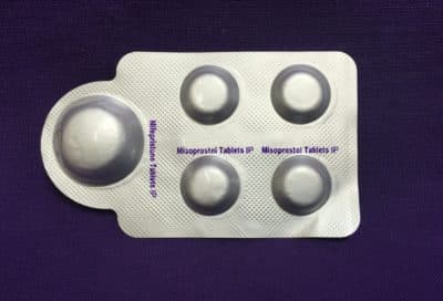 A 2020 image courtesy of Plan C shows a combination pack of mifepristone (L) and misoprostol tablets, two medicines used together and often called the abortion pill. (Elisa Wells / Plan C / AFP via Getty Images)