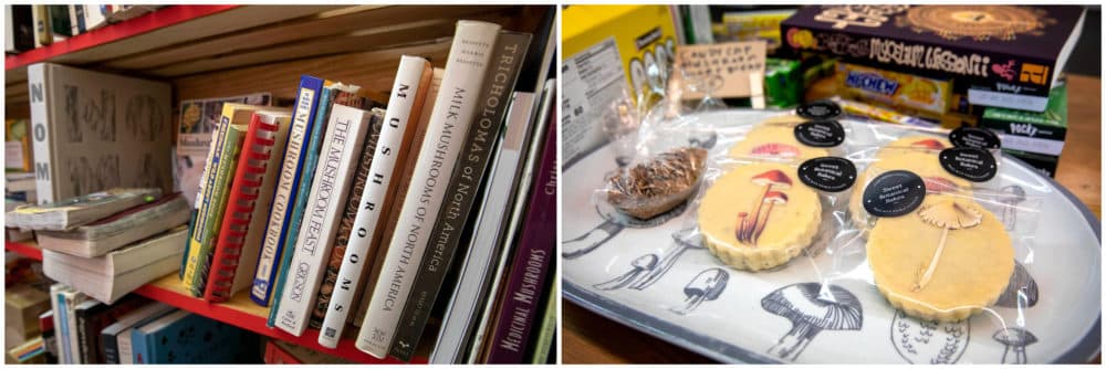 Akabane's collection of mushroom books can be perused at the shop. He also sells mushroom-themed items, like these shortbread cookies. (Robin Lubbock/WBUR)