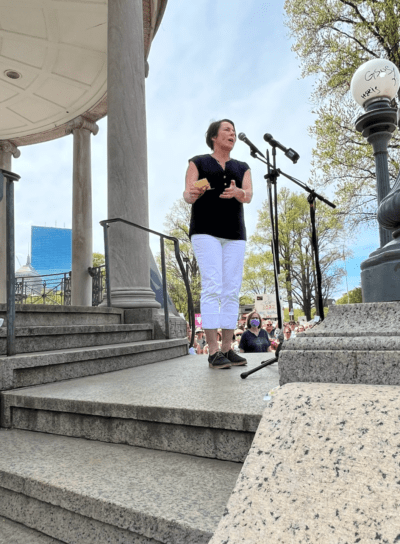Massachusetts Attorney General, and gubernatorial candidate, Maura Healey speaks at an abortion rights rally on the Boston Common. (Barbara Moran/WBUR)