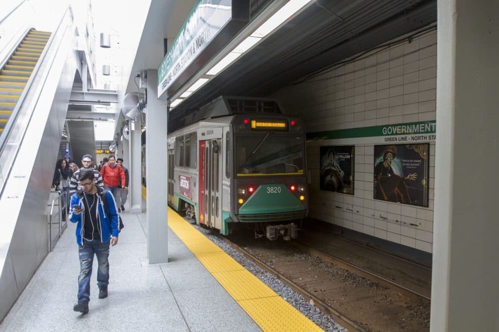 In this 2016 file photo, a Green Line train enters Government Center station. (Joe Difazio for WBUR)
