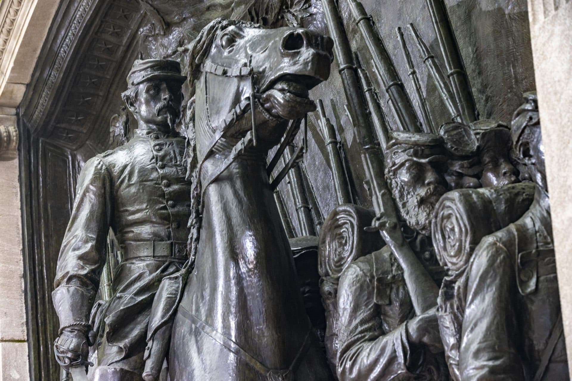 The fully restored Robert Gould Shaw and the 54th Regiment Memorial. (Jesse Costa/WBUR)