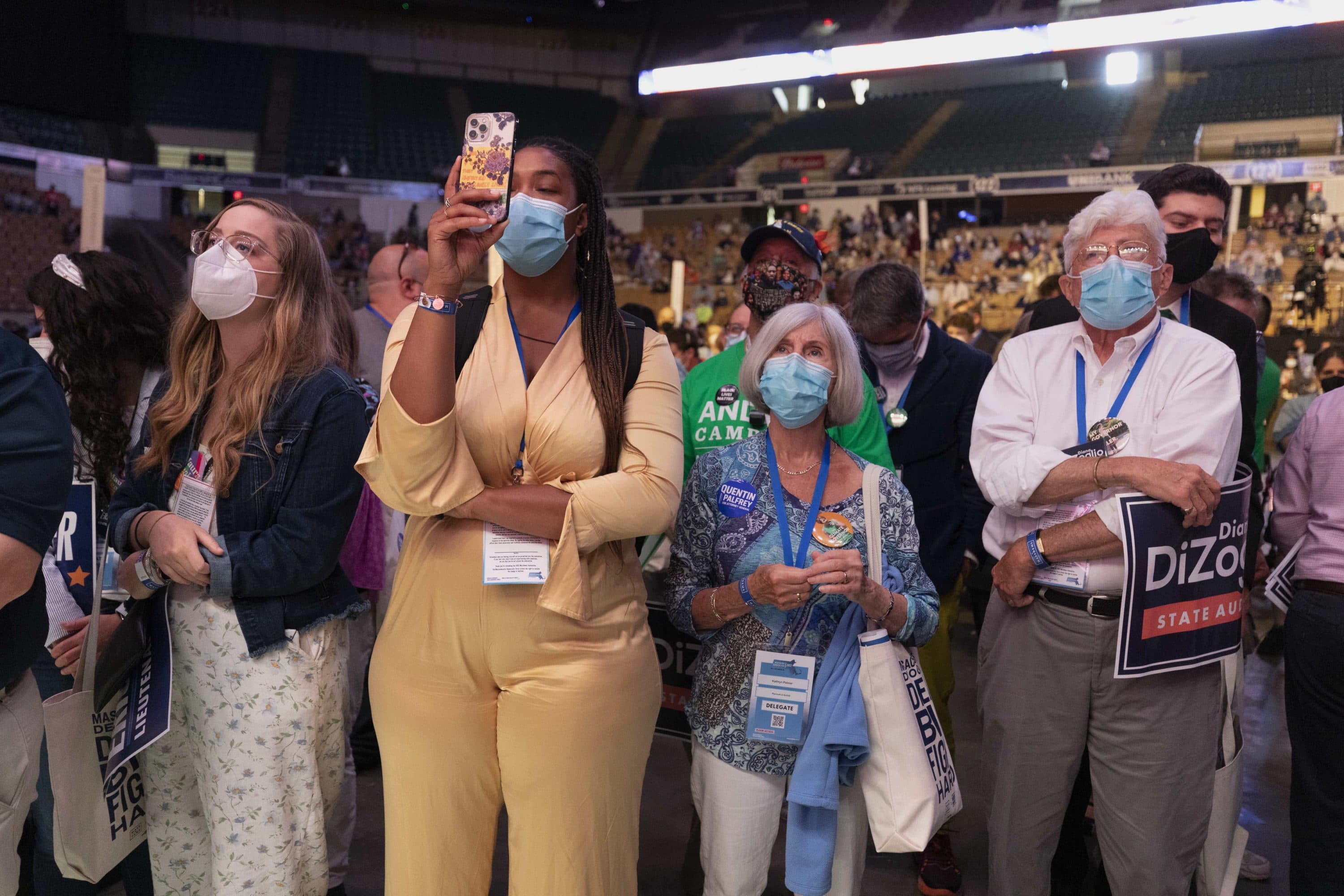 Delegates listen to a speech by Sen. Elizabeth Warren, D-Mass., during the state's Democratic party convention in Worcester. (Michael Dwyer/AP)