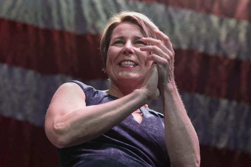 Massachusetts Attorney General, and candidate for governor, Maura Healey greets delegates before giving a speech during the state's Democratic party convention. (Michael Dwyer/AP)