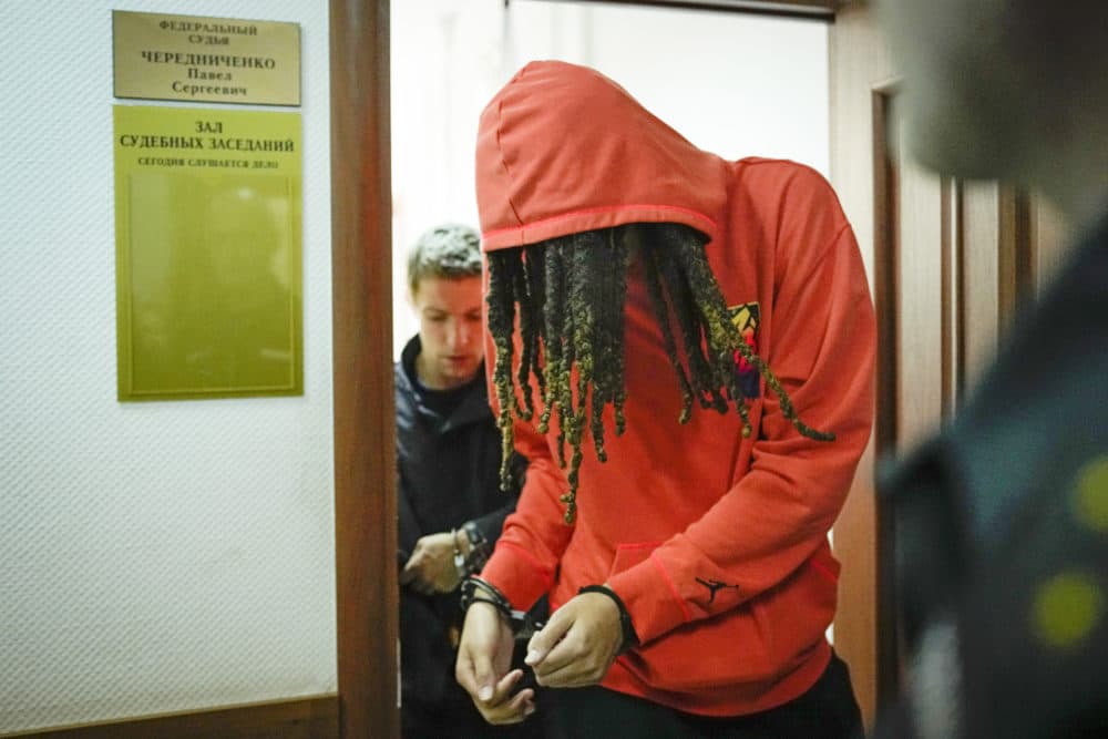 WNBA star and two-time Olympic gold medalist Brittney Griner leaves a courtroom after a hearing, in Khimki just outside Moscow, Russia, Friday, May 13, 2022. (Alexander Zemlianichenko/AP)