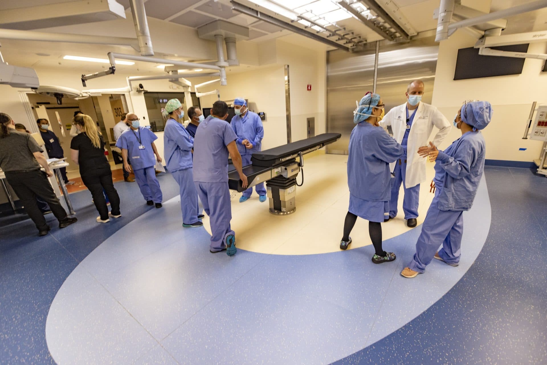 Boston Children’s Hospital staff prepare to conduct a gene therapy simulation in the Hale Family Building. (Jesse Costa/WBUR)