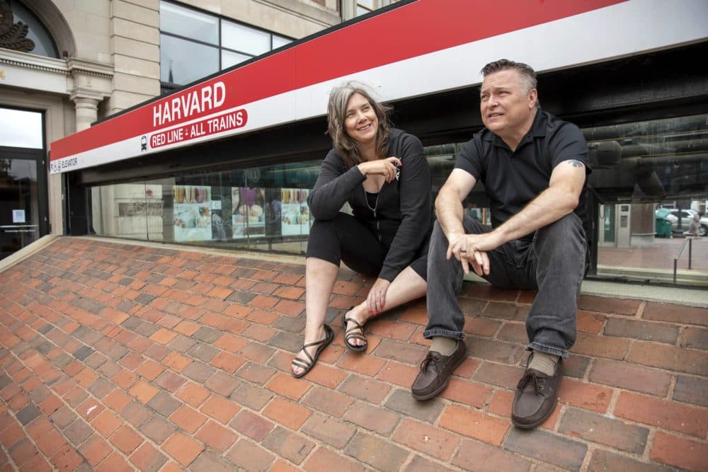 Marc McGovern and Jen Deaderick reminisce about their times at the Pit in Harvard Square. (Robin Lubbock/WBUR)