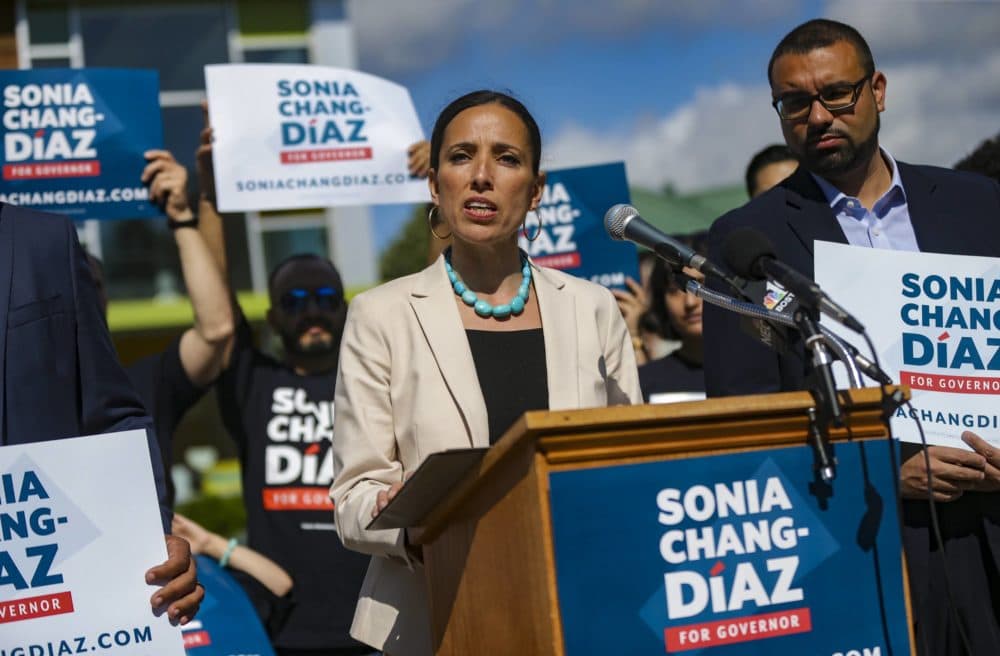 Sonia Chang-Díaz announces she will no longer campaign for Governor of Massachusetts at a press conference in Jamaica Plain. (Jesse Costa/WBUR)