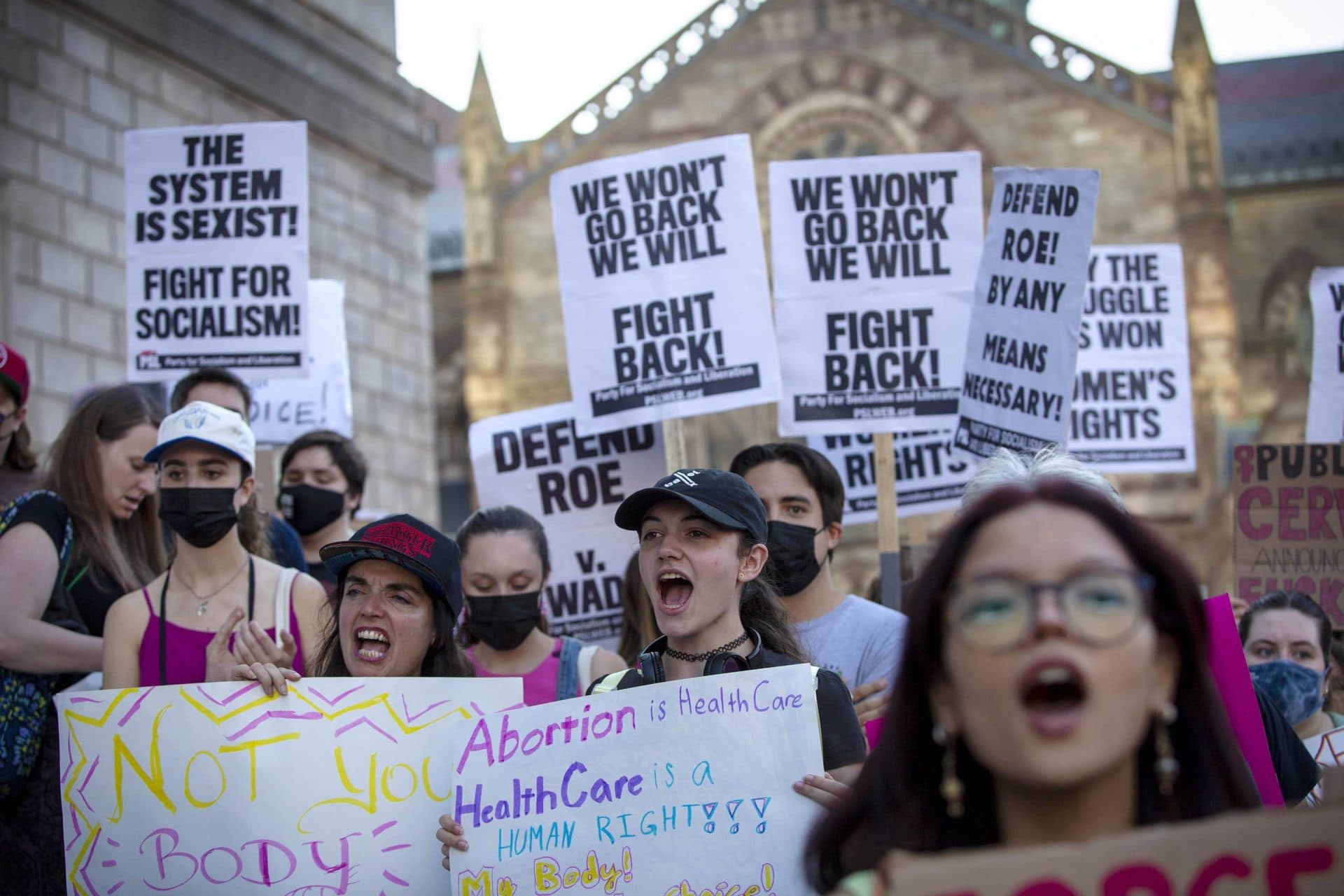 Abortion-rights protesters on the steps of the Boston Public Library in Copley Square. (Robin Lubbock/WBUR)