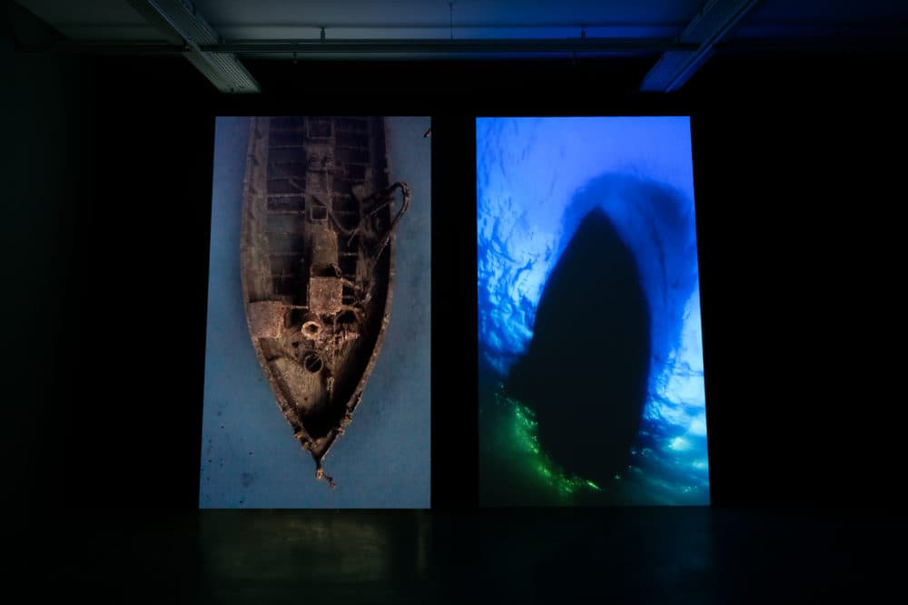 Installation view of Ergin Çavuşoğlu, &quot;Lundy, Louis, Barge and Troy,&quot; 2014 from the 4th International Çanakkale Biennial. Two channel synchronized HD video. (Courtesy the artist and the 4th International Çanakkale Biennial)