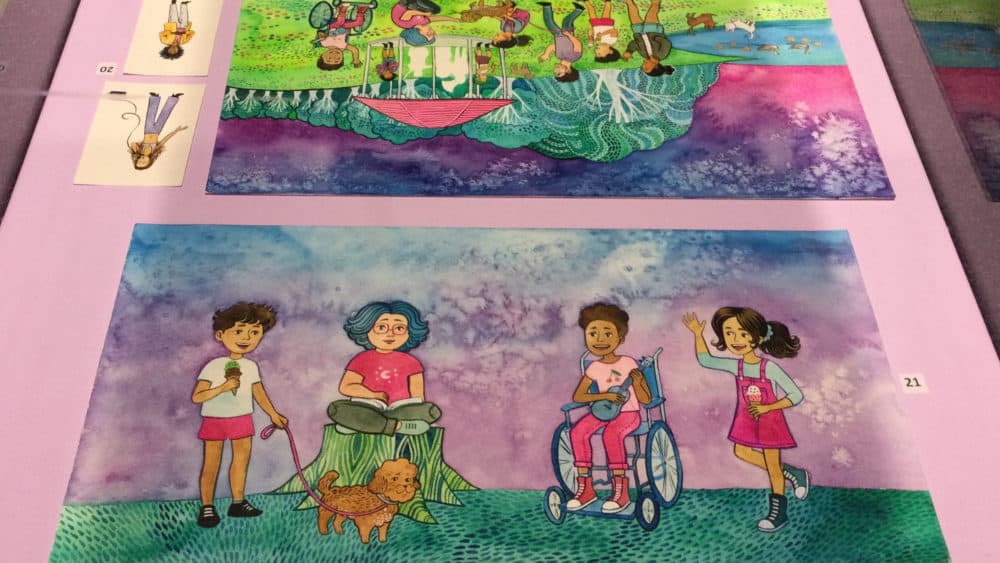 The exhibition includes watercolor illustrations Grigni painted for the book &quot;It Feels Good To Be Yourself&quot; by Theresa Thorn. (Courtesy Boston Children's Museum)