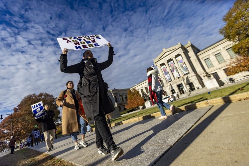 In November, museum staff and their supporters picketed outside the Museum of Fine Arts demanding livable wages and decent working conditions. (Jesse Costa/WBUR)