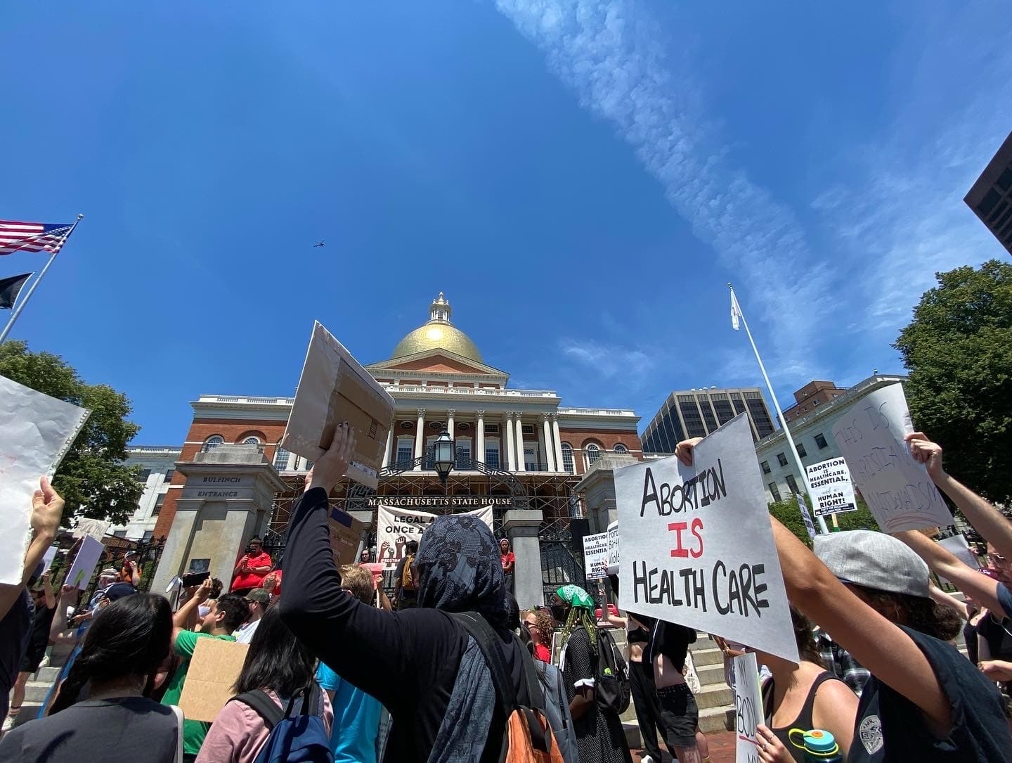 Protestors outside the Massachusetts State House for a second day in a row after the Supreme Court reversal of Roe v. Wade. (Amanda Beland/WBUR)