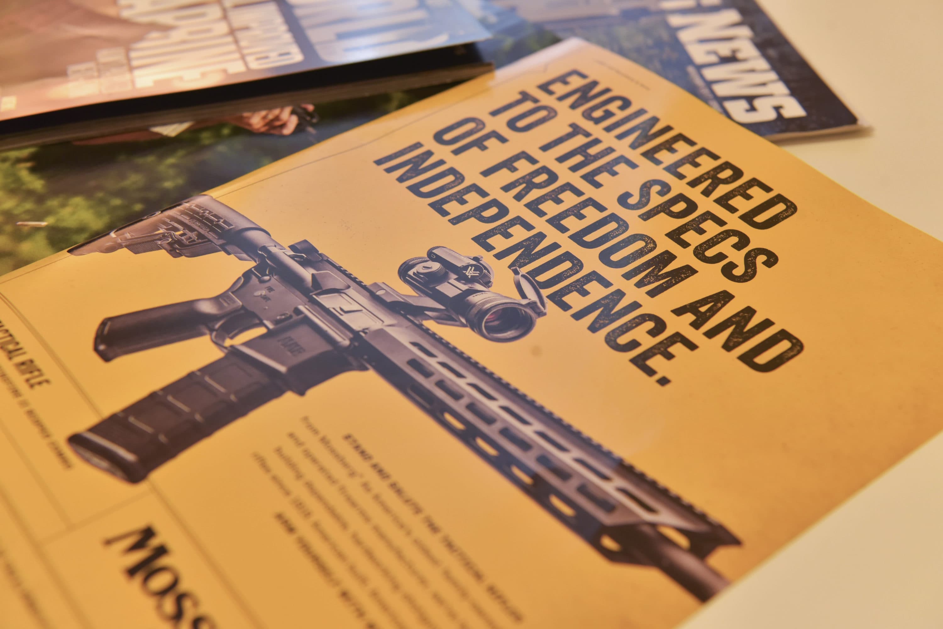A magazine advertisement for an AR-style firearm describes it as "engineered to the specs of freedom and independence." AR-platform firearms are often marketed using words that emphasizes the firearm's ability to be customized and evoke a sense of patriotism, freedom and military strength. (Lisa Marie Pane/AP)