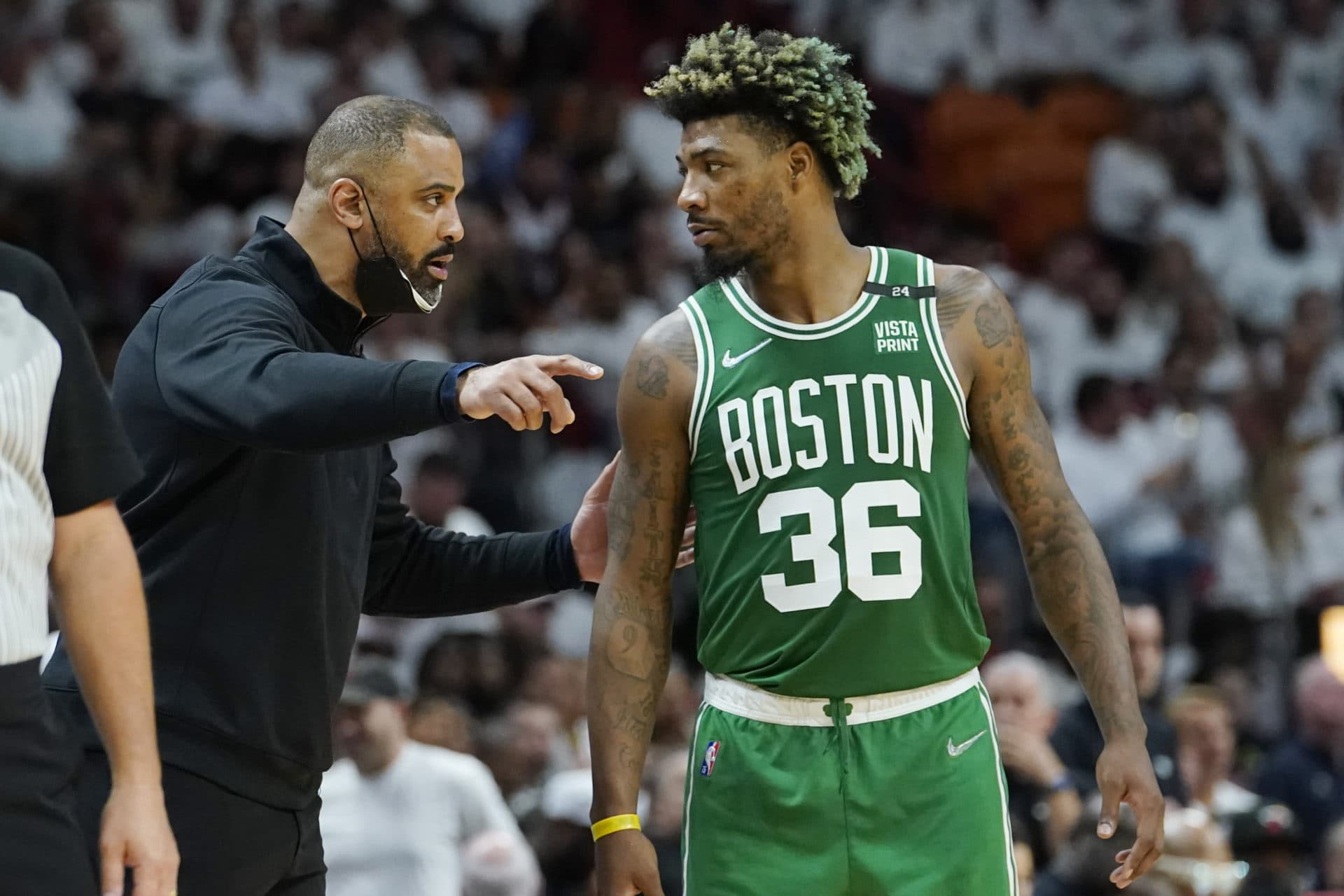 Boston Celtics head coach Ime Udoka talks to guard Marcus Smart (36) during the first half of Game 7 of the NBA basketball Eastern Conference finals playoff series against the Miami Heat, Sunday, May 29, 2022, in Miami. (Lynne Sladky/AP)