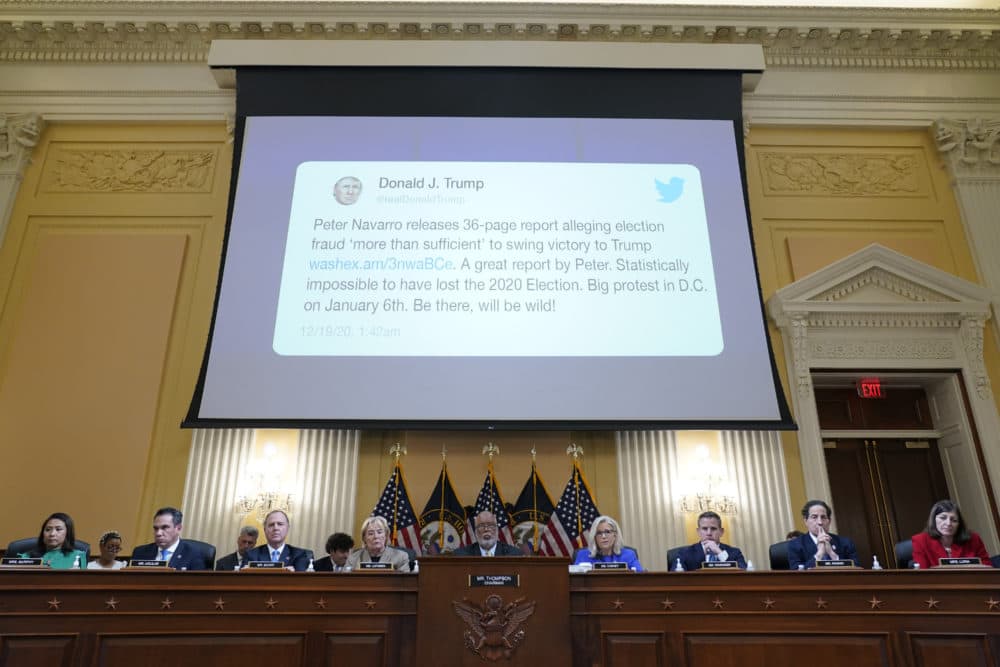 An image of a tweet by former President Donald Trump is displayed at the House select committee investigating the Jan. 6 attack on the U.S. Capitol, hearing Thursday, June 9, 2022, on Capitol Hill in Washington. (Andrew Harnik/AP)