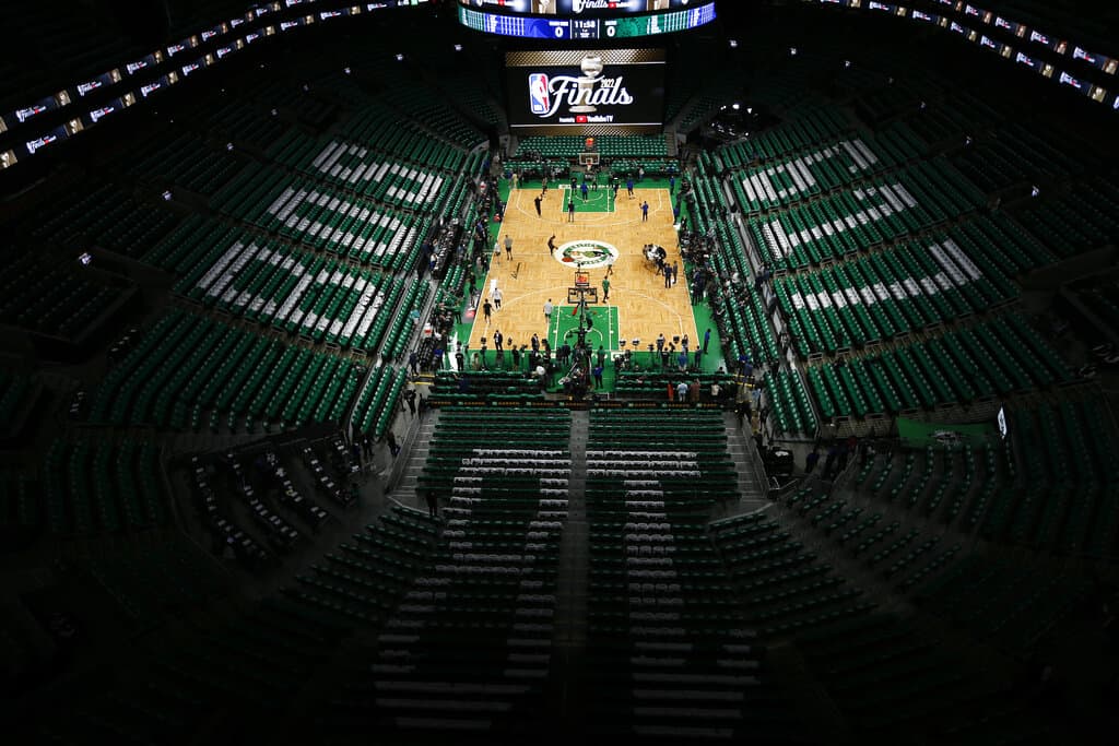 Players warm up before playing in Game 6 of basketball's NBA Finals between the Boston Celtics and the Golden State Warriors, Thursday, June 16, 2022, in Boston. (Michael Dwyer/AP)
