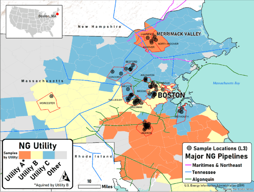 This map shows where researcher sampled gas across the Greater Boston region. 