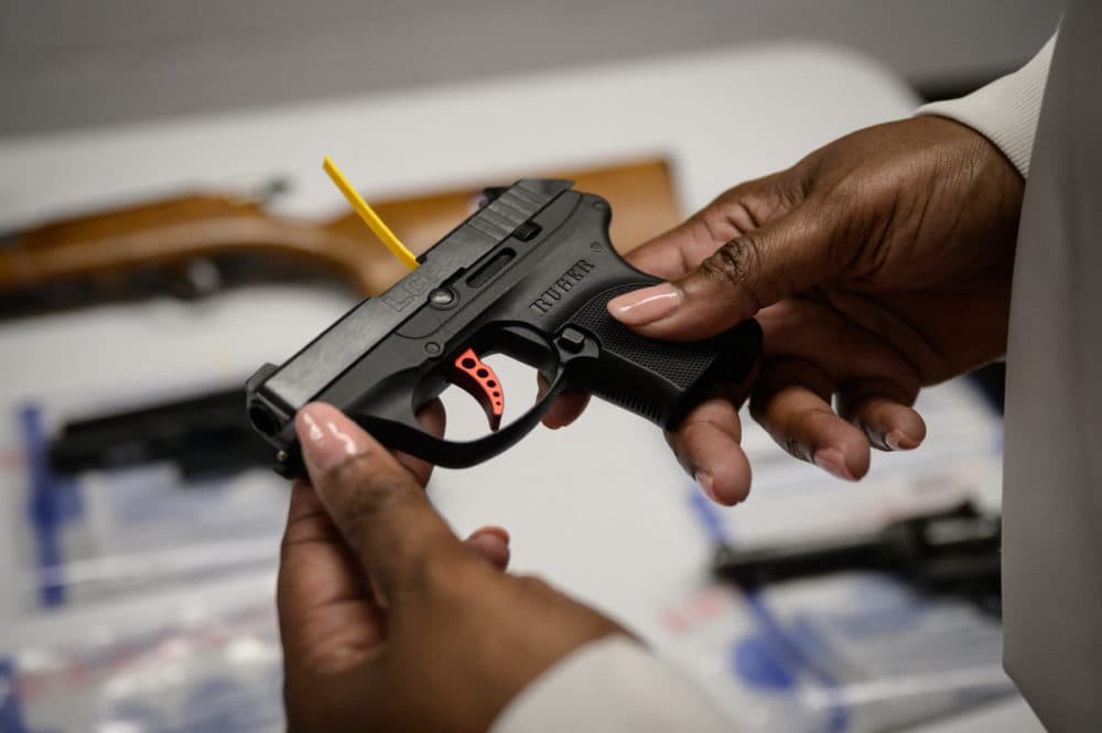 A Ruger pistol, or handgun, is displayed during a gun 'buyback' event held by the New York Police Department (NYPD) and the office of the Attorney General, in the New York borough of Brooklyn on May 22, 2021. (Ed Jones/AFP via Getty Images)