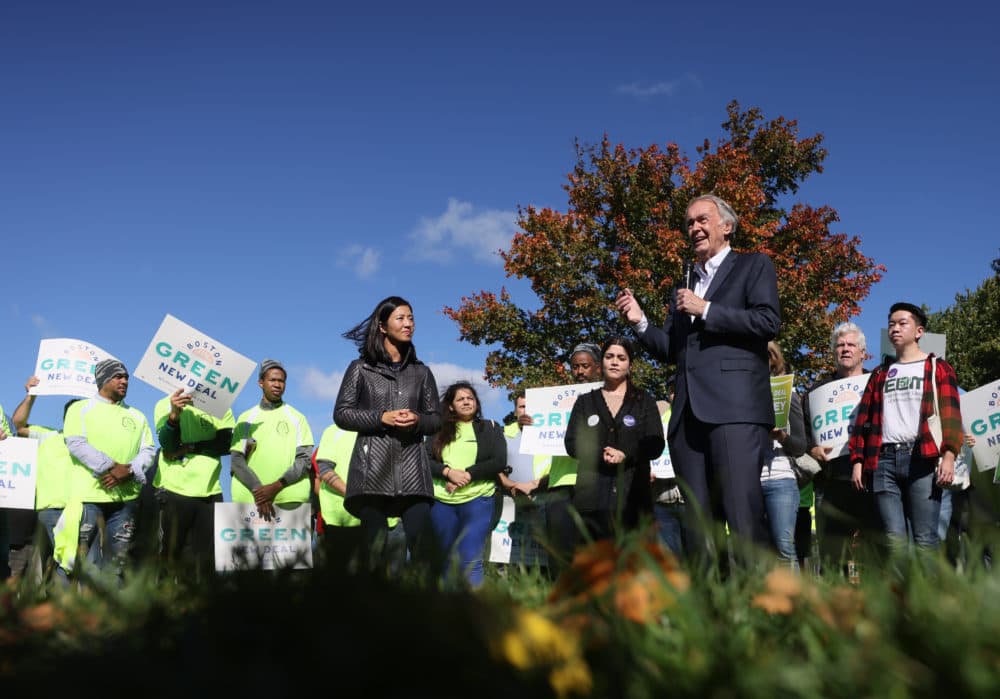Michelle Wu and Ed Markey speak at a Climate Canvass Kickoff in Moakley Park in Boston on Oct. 17, 2021. (Jessica Rinaldi/The Boston Globe via Getty Images)