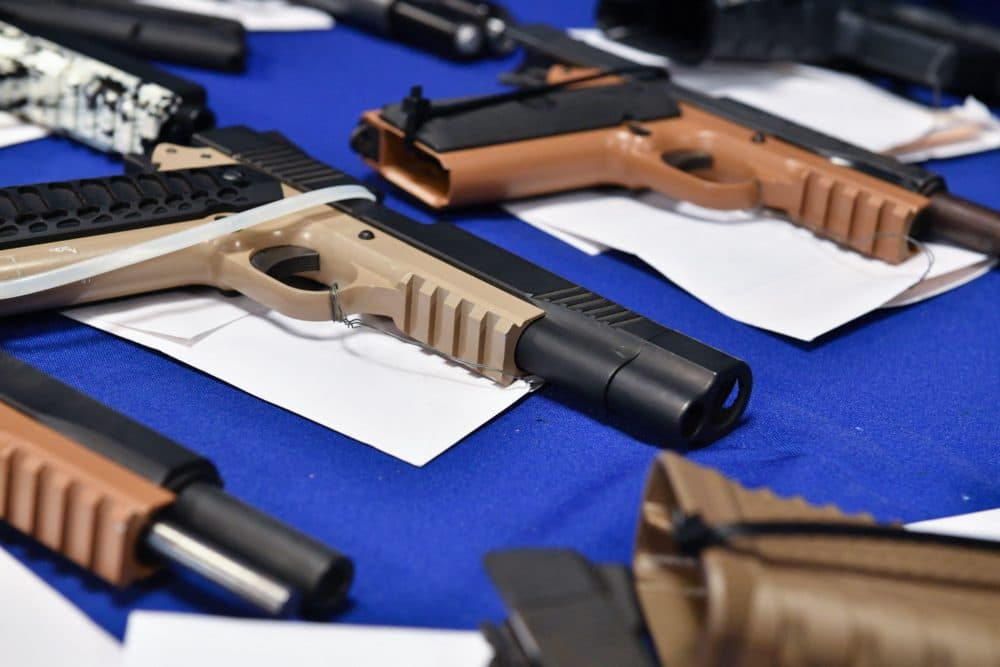 &quot;Ghost guns&quot; seized in federal law enforcement actions are displayed at the Bureau of Alcohol, Tobacco, Firearms, and Explosives (ATF) field office in Glendale, California on April 18, 2022. (ROBYN BECK/AFP via Getty Images)