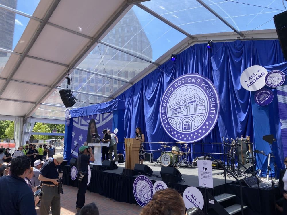 Boston Mayor Michelle Wu speaks at her June inauguration, which was delayed by the pandemic. (Walter Wuthmann/WBUR)