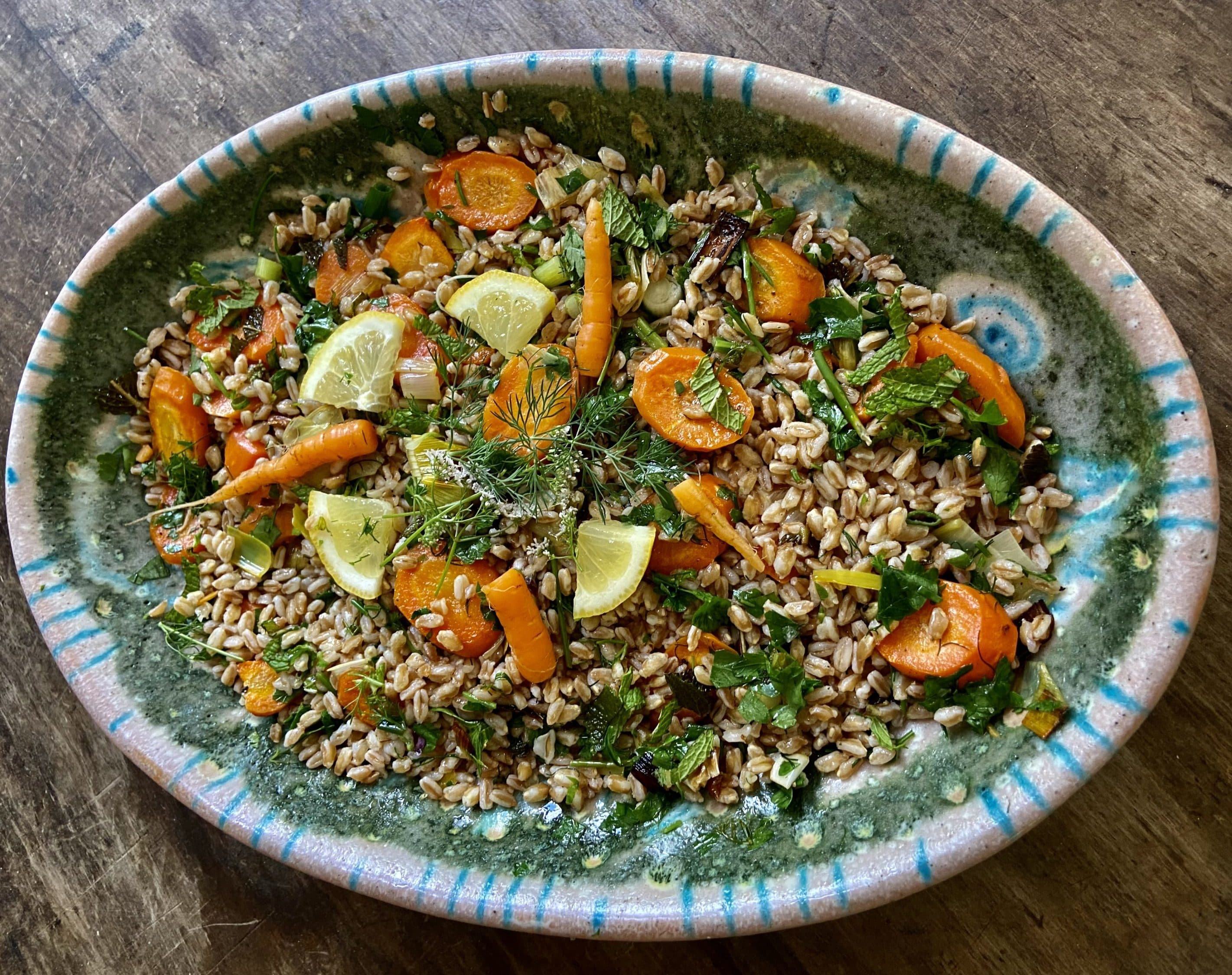 Herbed farro salad with roasted carrots and leeks. (Kathy Gunst/Here &amp; Now)
