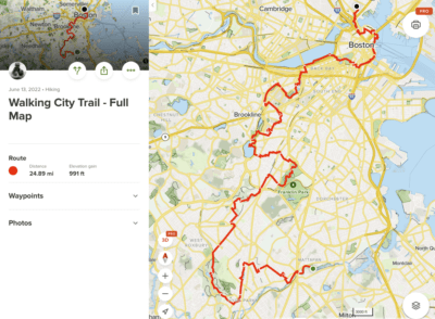 A screen shot of the full four-section, 25 mile Walking City Trail, a new free online resource -- created by the author -- that connects 25 miles of established green spaces in Boston. (Courtesy www.bostontrails.org)