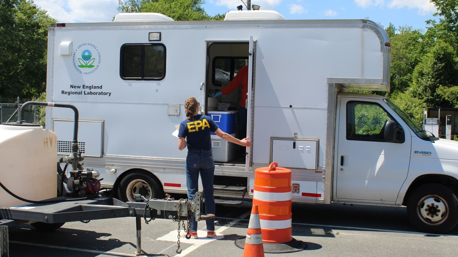 The EPA is operating a mobile laboratory to test soil samples from Bliss Corner during the cleanup.(Ben Berke/The Public's Radio)