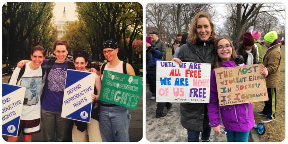 The author when she was a teacher, with history students, at a march in 2001, and the author with her daughter at the Women's March, 2018, both in Washington, D.C. (Courtesy Judith Rosenbaum)
