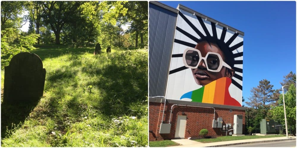 On the left, Walter Street Burying Ground at the south end of Arnold Arboretum, on Peters Hill. On the right, a mural by Sharif Muhammad in the Southwest Corridor greenway. Both are in Section 2 of the Walking City Trail. (Courtesy Miles Howard)