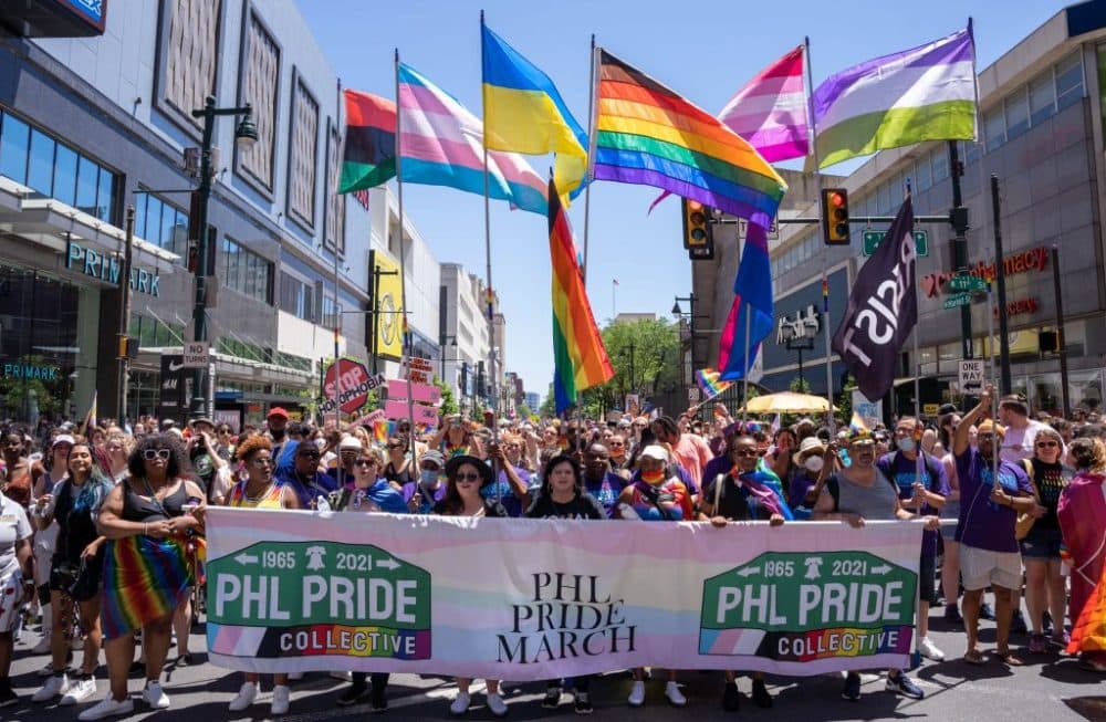 The banner for the 2022 Philly Pride March, organized by PHL Pride Collective. (Nathan Morris/Billy Penn)