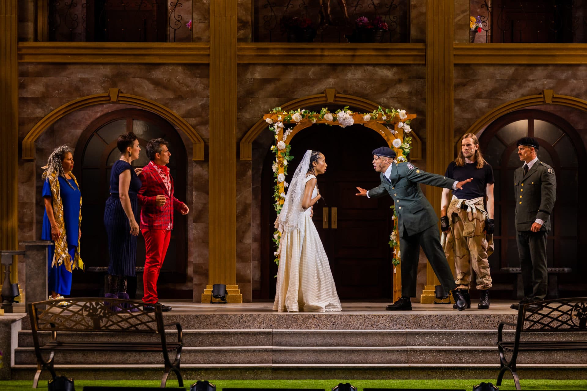 Hero (Rebecca-Anne Whitaker) is shamed by her love, Claudio (Erik Robles) on their wedding day during a performance of Commonwealth Shakespeare Company's &quot;Much Ado About Nothing.&quot; (Courtesy Nile Scott Studios)