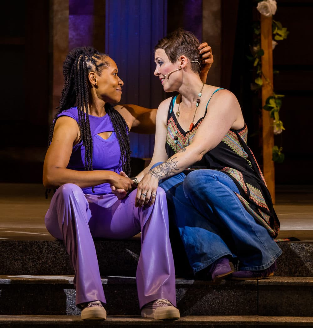 Benedick (Tia James) and Beatrice (Rachael Warren) share a rare tender moment in a performance of Commonwealth Shakespeare Company's &quot;Much Ado About Nothing.&quot; (Courtesy Nile Scott Studios)
