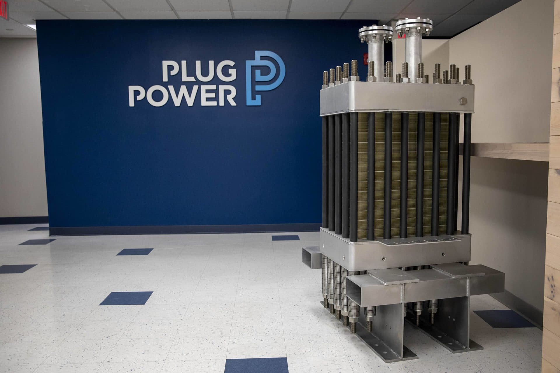 An Allagash electrolyzer stack stands at the entrance to Plug Power's workshops in Concord. (Robin Lubbock/WBUR)