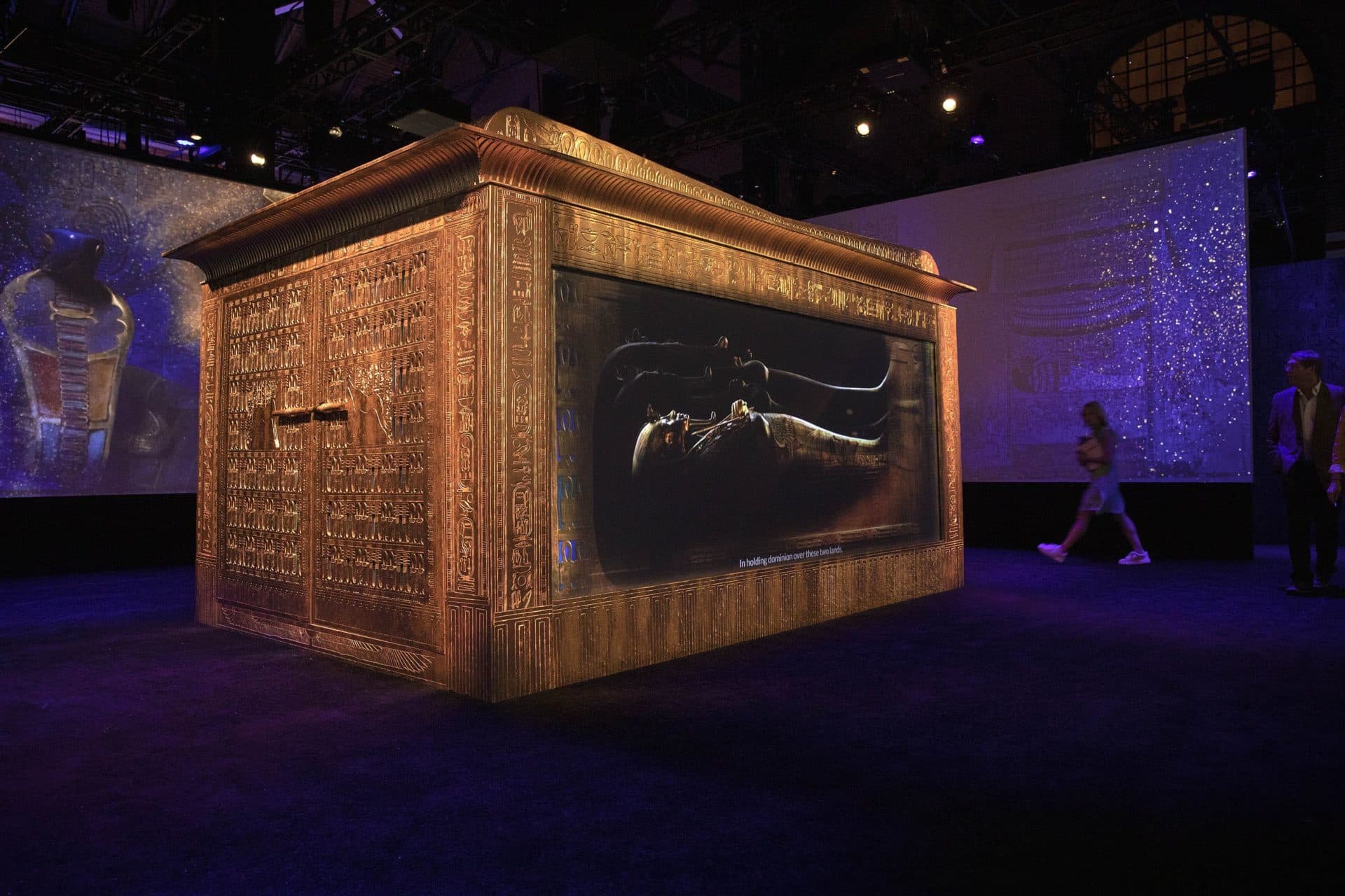 A model of the outer shrine at the &quot;Beyond King Tut&quot; immersive experience reveals the three coffins inside, into which the king's body was placed. (Robin Lubbock/WBUR)